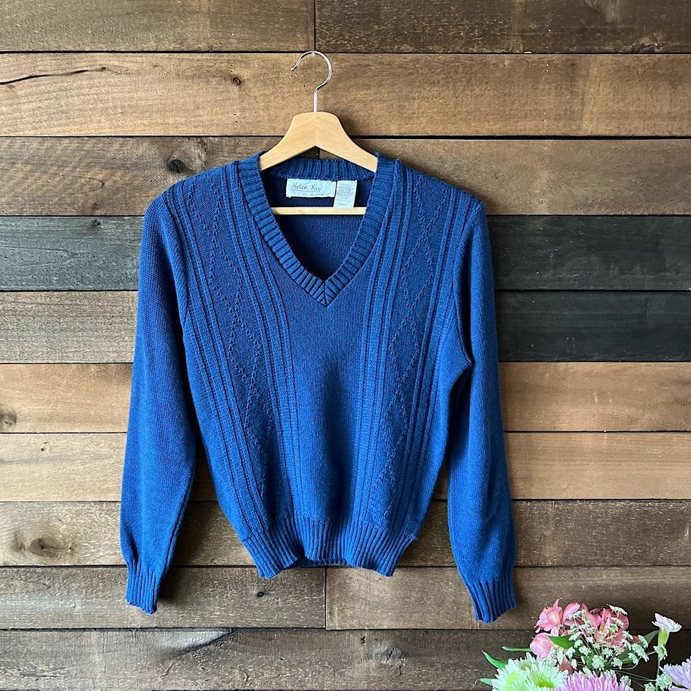 Vintage Helen Kay for Lucky Tops Blue Knit V-Neck Sweater 80s Preppy Pullover